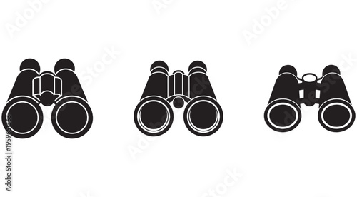 Three black and white illustrations of binoculars in different views  optical instruments for observing distant objects