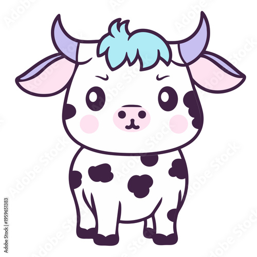 A cute cartoon cow with a blue mohawk and purple horns standing on a white background