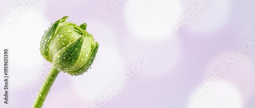 Bud of green flower with delicate water droplets on petals set against a soft purple background. Green bud symbolizes new beginnings, representing nature's beauty and potential.