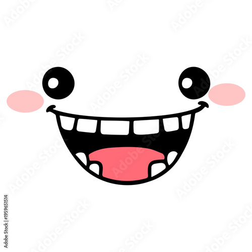 A cheerful cartoon face with a wide smile and rosy cheeks in a minimalist vector design