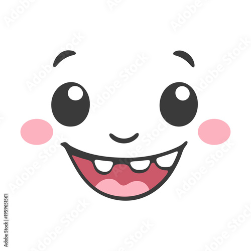 A cheerful cartoon face with a wide smile and rosy cheeks in a vector graphic design