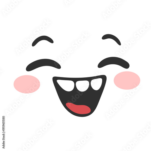A cheerful emoticon face with a wide smile and rosy cheeks in a vector graphic design