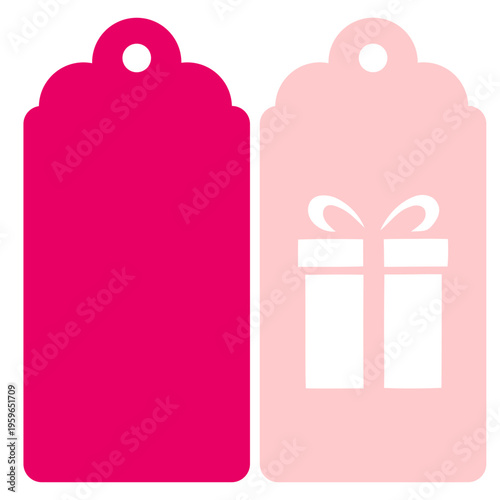 A vector graphic illustration of two gift tags in pink and red with a white gift icon on one
