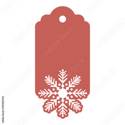 A red gift tag with a snowflake design on a white background