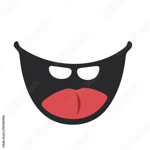 A minimalist vector graphic illustration of a black mask with a red mouth and white eyes on a white background