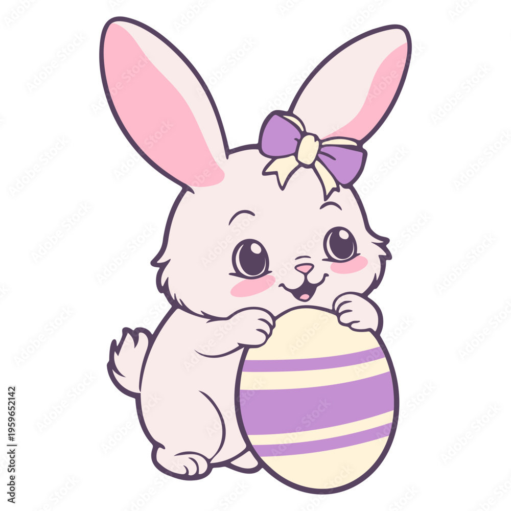 Obraz premium A cute cartoon bunny holding a large Easter egg with purple and white stripes
