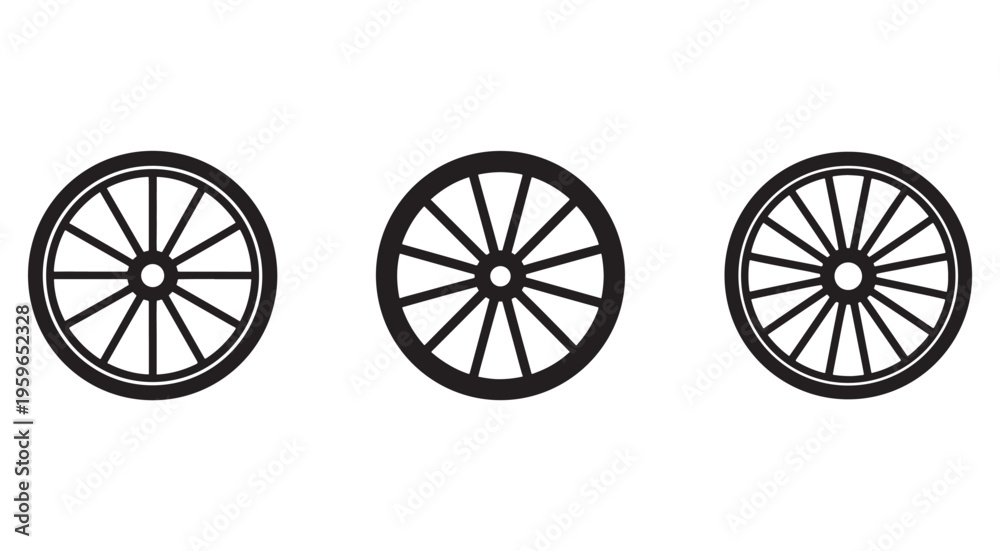 Fototapeta premium Three black and white wagon wheel icons side by side on white background wheel with spokes and rim