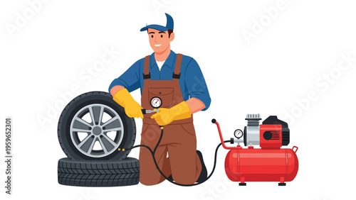 Tire Inflation and Repair: A skilled mechanic meticulously inflates a car tire using a professional air compressor, demonstrating expertise and care in automotive maintenance.