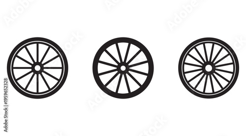 Three black and white wagon wheel icons side by side on white background  wheel with spokes and rim