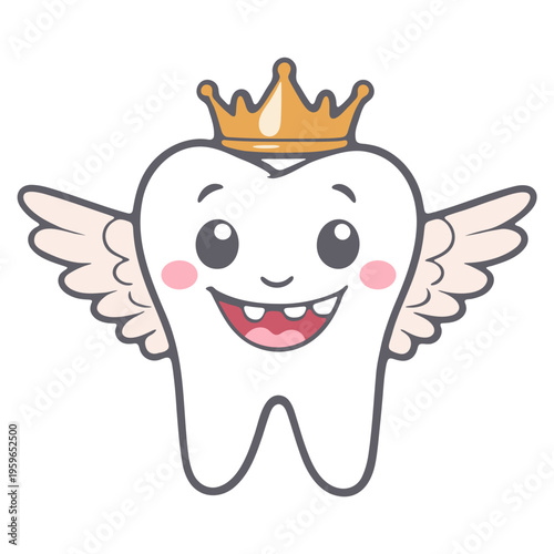 A cartoon tooth with a crown and wings smiles happily in a playful vector graphic design