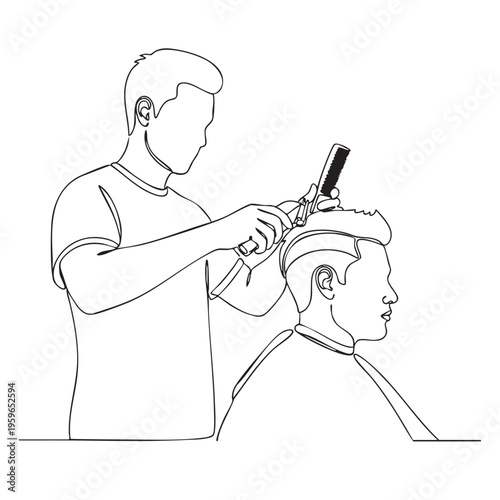 Barber Cutting Hair One Line Drawing, Continuous Line Art of Male Hairstylist and Client.