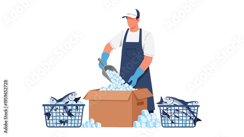 Man at Fish Processing: A diligent worker in the fish processing industry carefully adds ice to a container of fresh fish. This scene captures the essential steps in preserving and preparing seafood.