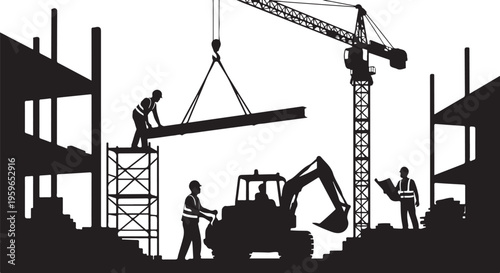 Construction workers building a new structure with heavy machinery