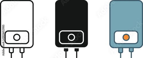 Water heater icon collection, household and electronic appliance icons, flat, line, and colored isolated design, vector illustration for boilers, geysers, thermostats, and home utilities.