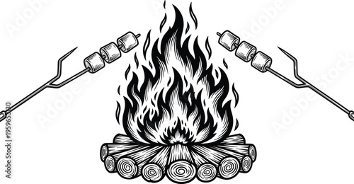 Campfire with marshmallows roasting sticks outdoor camping fire wood flames vintage engraving style black vector illustration isolated design