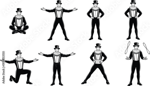 Circus performer silhouettes juggler entertainer poses vintage show character black vector illustration set isolated design