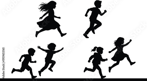 Children running silhouettes kids playing active lifestyle outdoor fun childhood movement happy boys girls vector illustration isolated set