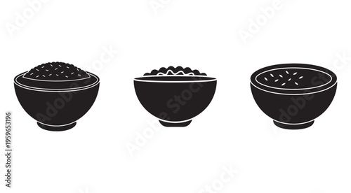 Three black bowls of food with different amounts of contents  isolated on white background