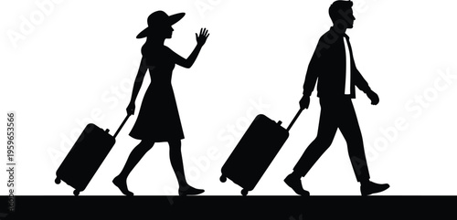 Traveling couple silhouette walking with rolling luggage bags airport journey vacation concept man and woman traveler side view illustration