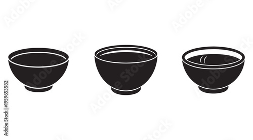 Three black bowls with white outlines on white background  simple ceramic tableware  kitchen utensils