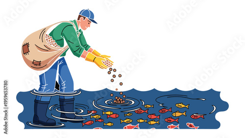 Feeding Time at the Fish Pond: An illustration captures a dedicated individual nurturing aquatic life, meticulously dispensing sustenance. It's a snapshot of care, patience.