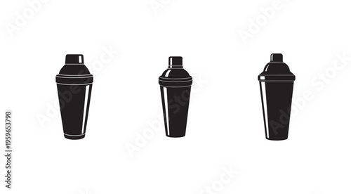 Three black cocktail shakers in different designs and shapes for mixing drinks  isolated on white background