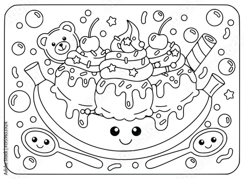 Bild auf Leinwand Coloring page featuring a cute kawaii banana split dessert with smiling faces