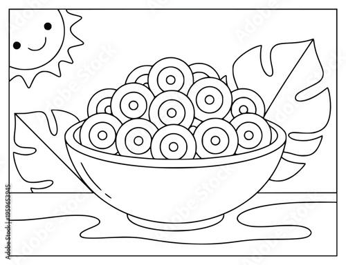 Fruit bowl contains many sliced banana pieces under a smiling summer sun
