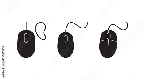 Three black computer mice with cords and different shapes and designs on white background for technology and computing concepts