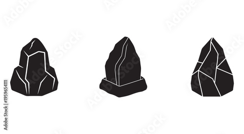 Three black crystal rock formations with white lines on a white background  mineral geology formations