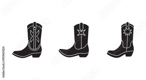 Three black cowboy boots with white line designs and stars on white background  boots collection