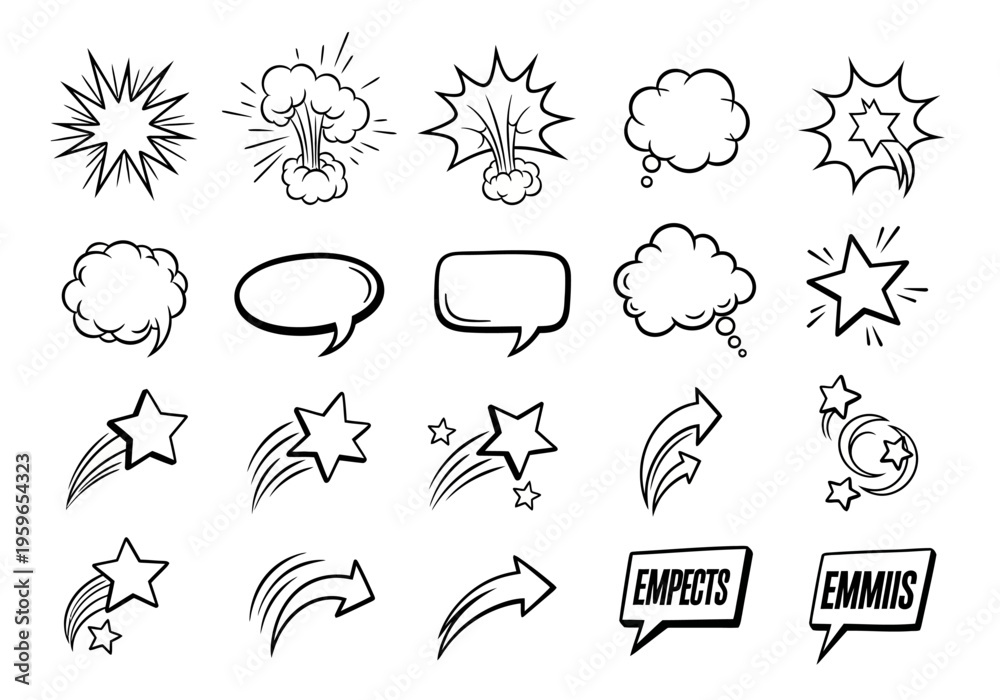 Obraz premium Collection of comic book style speech bubbles and explosion effects
