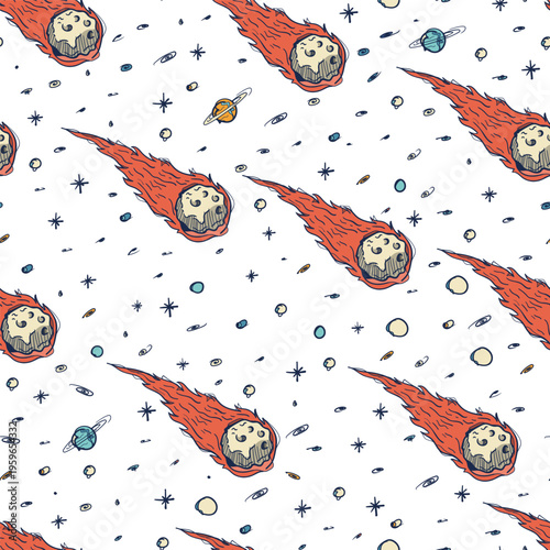 Seamless Retro Flaming Meteor Comet Pattern Orange Hand Drawn Vector