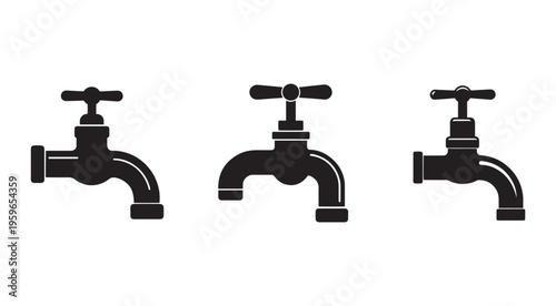 Three black faucet icons in different angles on white background  plumbing fixtures symbols