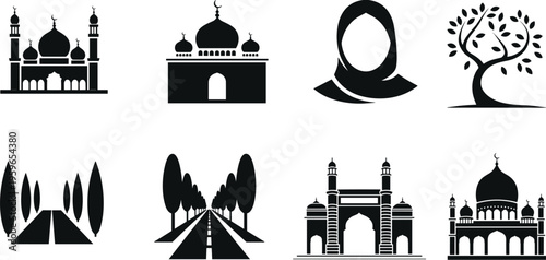 Islamic architecture and cultural symbols silhouettes set, mosque monument hijab tree and road vector illustration collection