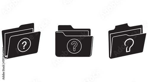 Three black folder icons with question marks on them for unknown or mystery files  used for computer data organization and confusion  various angles