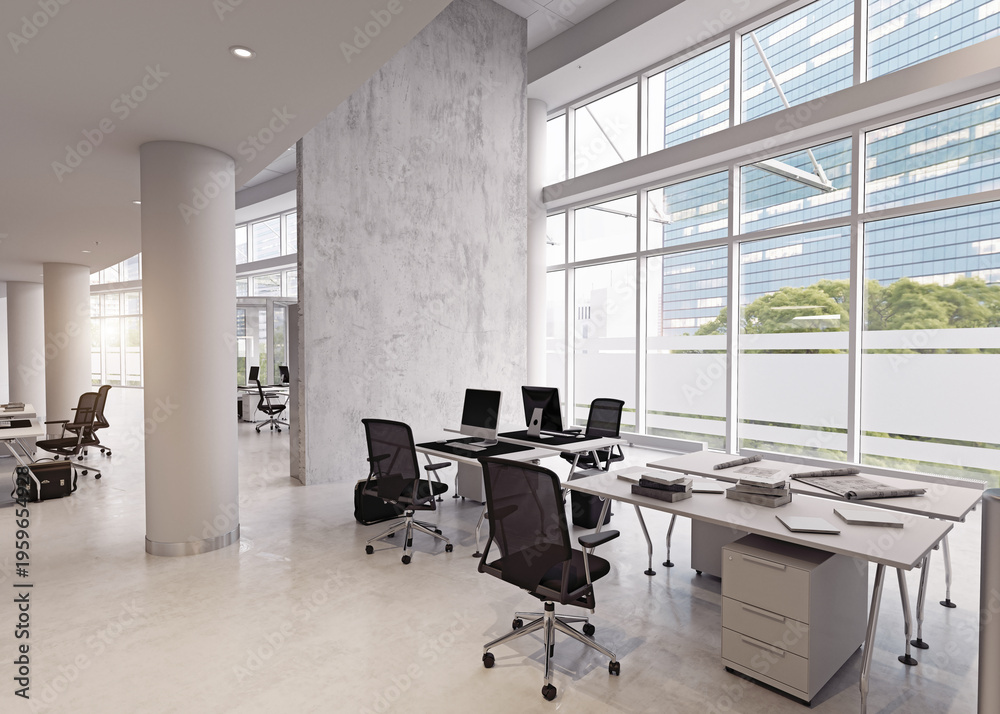 Fototapeta premium Bright modern open plan office interior with large windows and city view. 3d render workspace