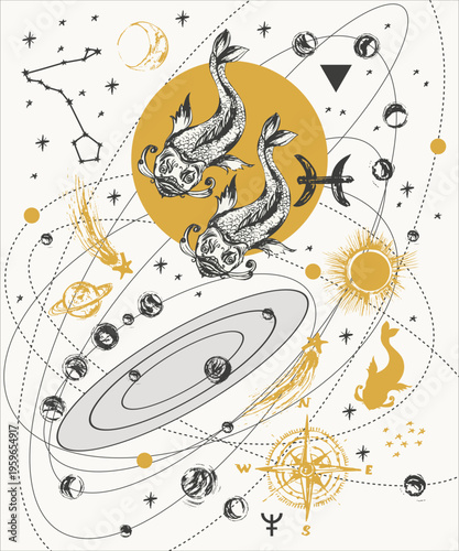 Hand drawn water zodiac sign illustration. Pisces horoscope background with astrology symbols and talismans. Planets sun moon star constellation.
