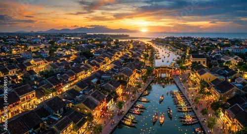 Aerial view of Hoi An ancient town at sunset