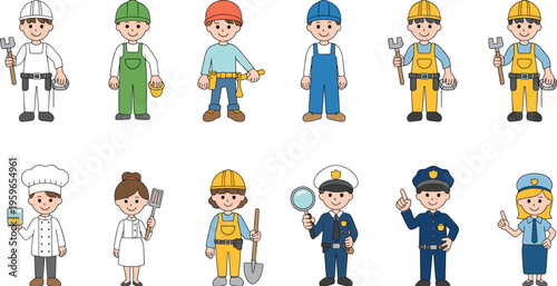 Kids profession characters vector set, children dressed as builder chef police officer illustration collection