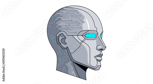Cybernetic head, futuristic robot, metallic illustration, sci-fi character