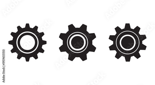 Three black gear icons with white outlines on white background for settings or mechanical concepts  gear icons set