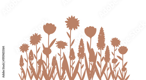 Brown floral border, vector wildflowers, grass silhouette, decorative plants