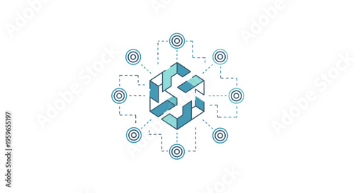 Geometric shapes, 3D cube, network connections, blue icons, vector graphics