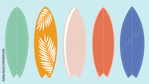 Standing Surfboard Set with Tropical Design, Variety of Isolated Hand Drawn Surfing Boards, Summer Sports and Activities Conceptual Cartoon Vector Illustration for Web and Print