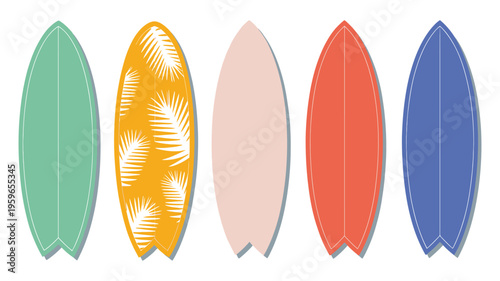 Standing Surfboard Set with Tropical Design, Variety of Isolated Hand Drawn Surfing Boards, Summer Sports and Activities Conceptual Cartoon Vector Illustration for Web and Print