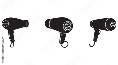 Three black hair dryers in different angles for styling hair at home or in salon  various positions of a common hair care tool