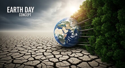 Earth Day concept, environmental awareness, globe on cracked dry land, green forest