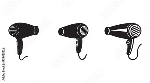 Three black hair dryers in different angles and positions for styling and drying hair  hair care and beauty tools