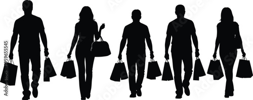 Shopping, people, silhouettes, shoppers, retail, consumer, bags, purchase, lifestyle, fashion, sale, market, walking, customers, black, isolated, figures, set, illustration, collection